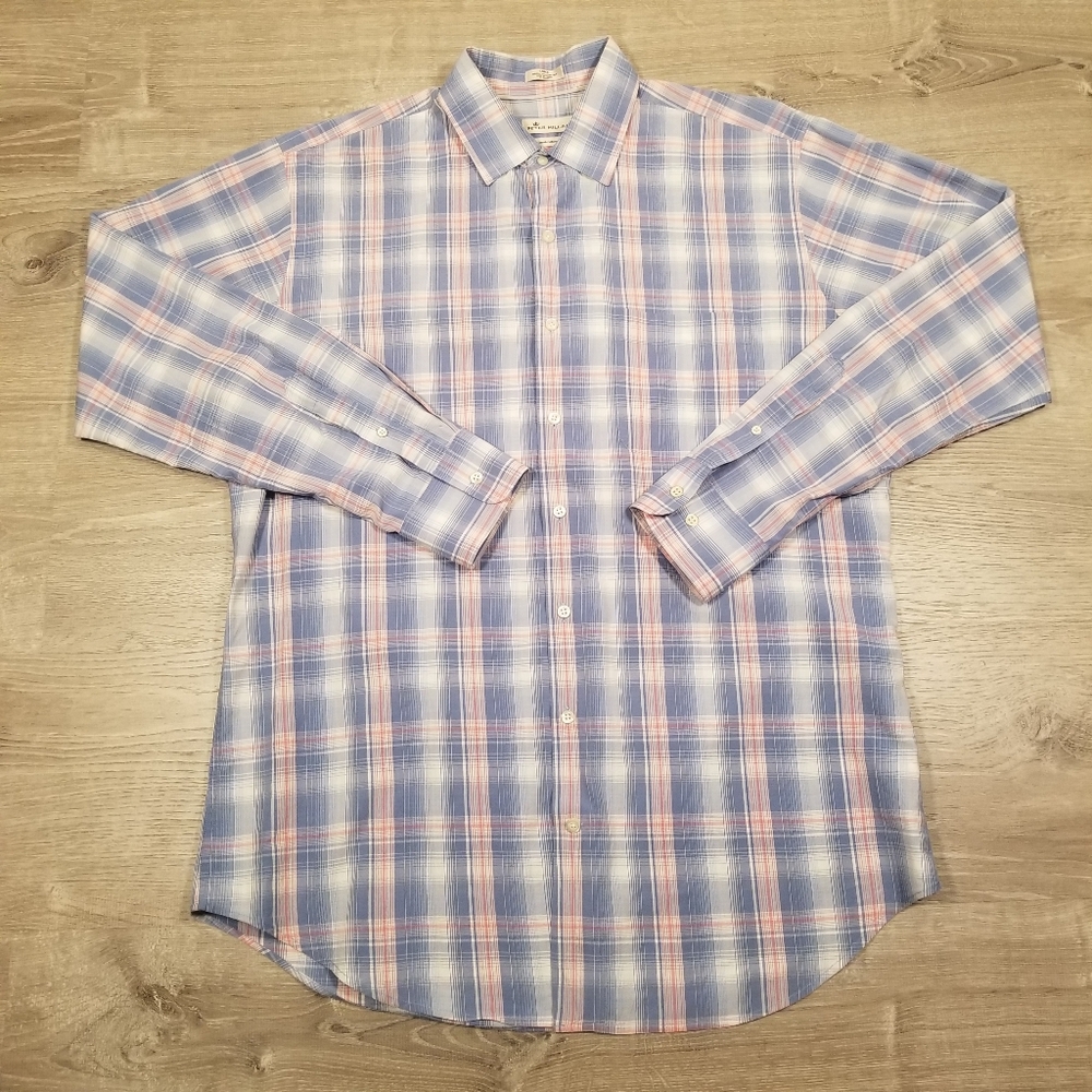 Peter Millar Seaside Collection Mens Button Down Shirt Large Cotton Silk Plaid